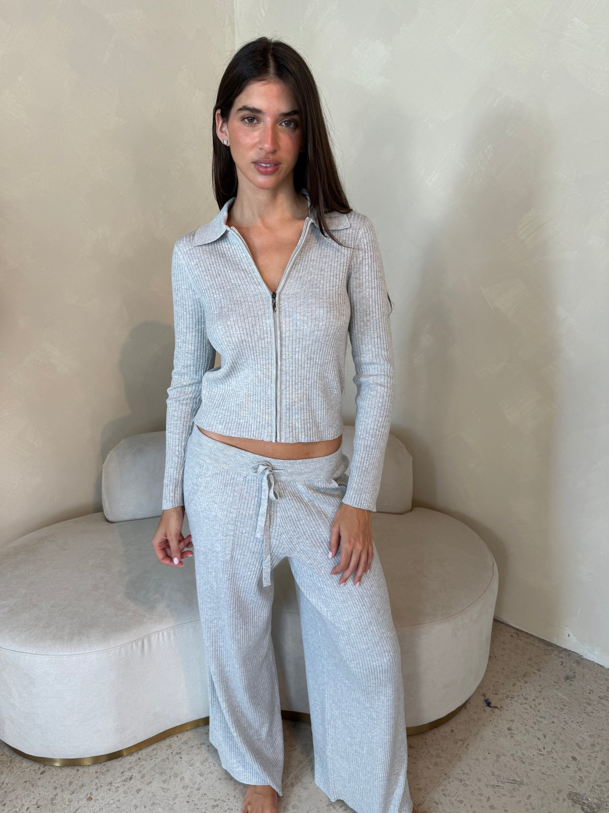 Grey Ribbed LS Jacket & Pant Set