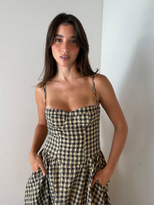 Natural Checkered Bustier Maxi Dress