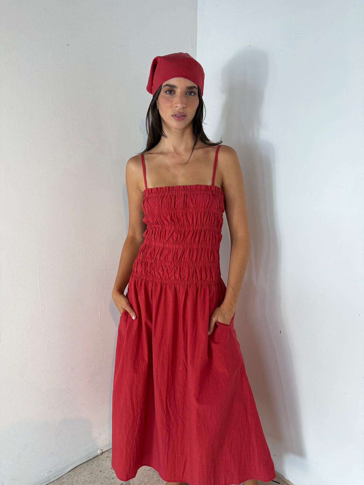 Strappy Smocked Midi Dress & Scarf