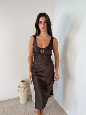 Brown Satin Midi Dress