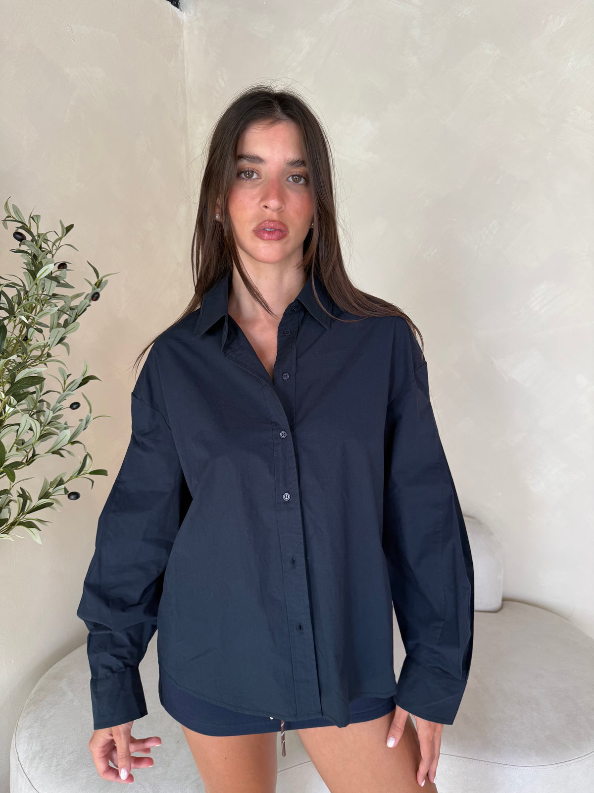 Navy LS Button Down Top