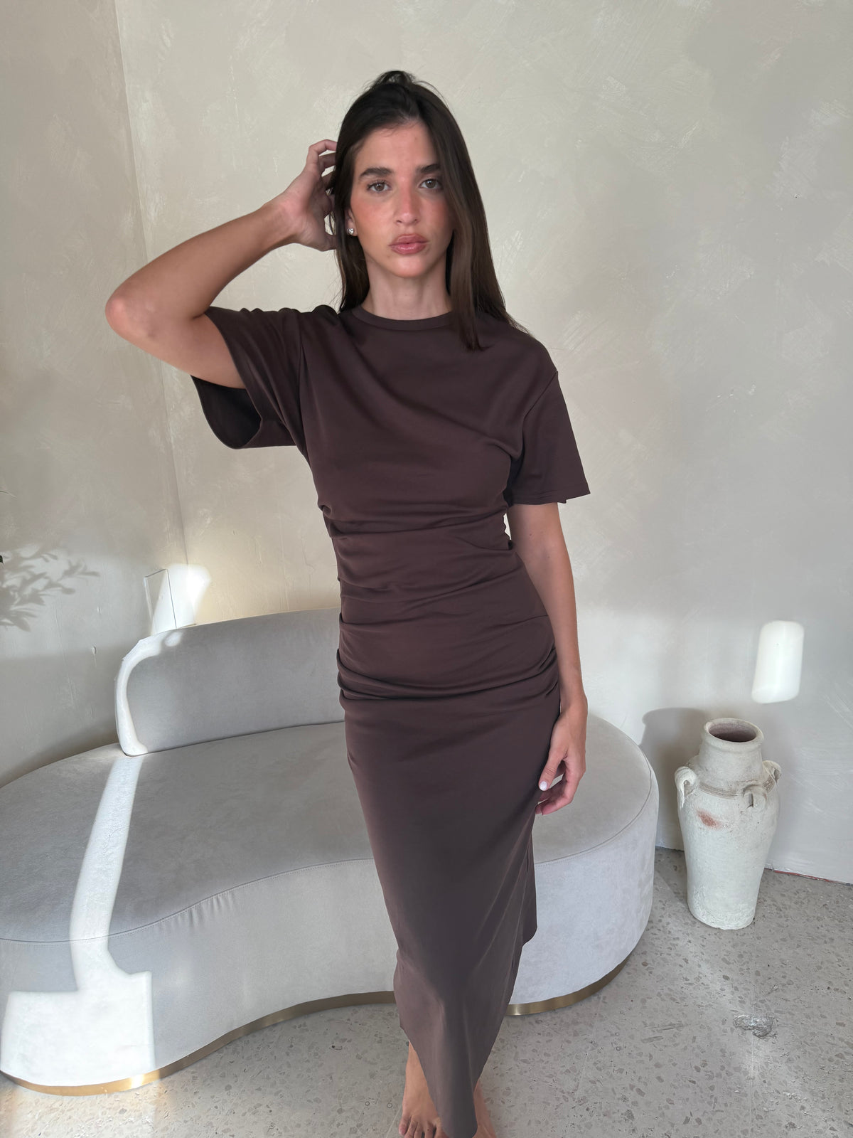 Choco Shirred Midi Dress