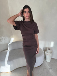 Choco Shirred Midi Dress