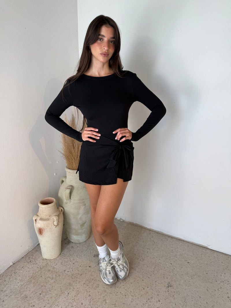 Black LS Wrap Tie Active Dress