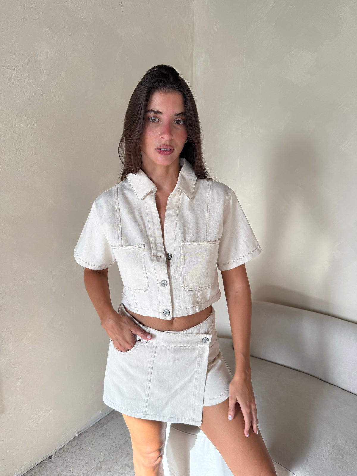 Ecru Denim Top & Skort Set