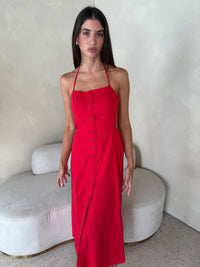 Linen Halter Backless Midi Dress