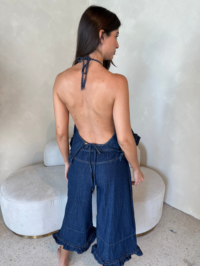 Dark Denim Ruffle Top & Pant Set