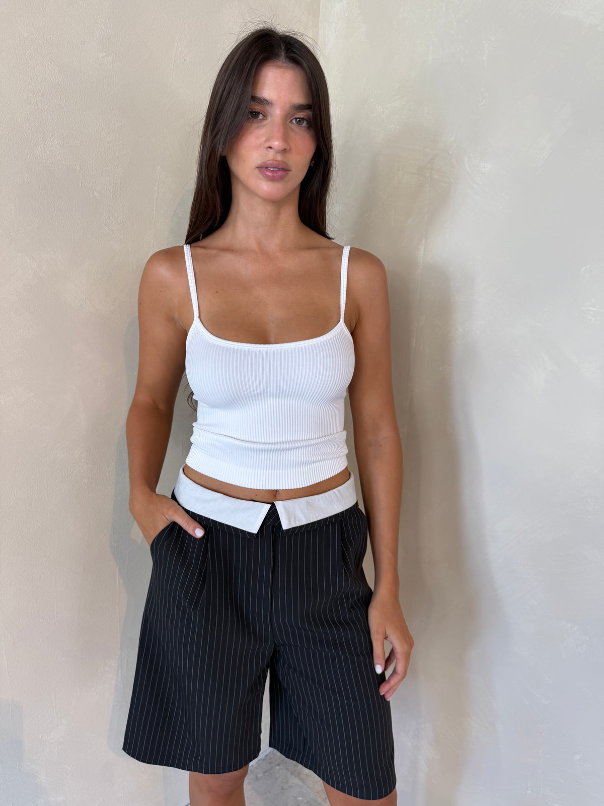 Black Pinstripe Foldover Shorts