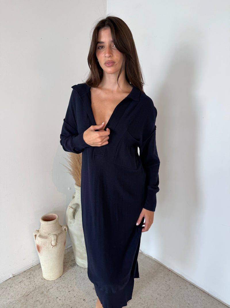 Navy Collar LS Dress