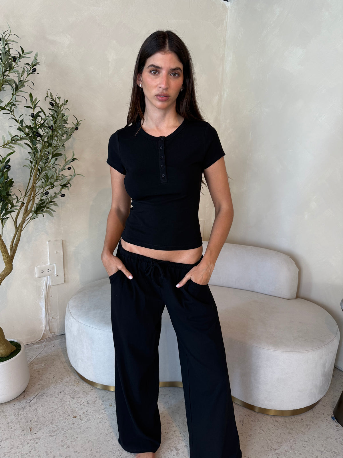 SS Button Top & Drawstring Wide Leg Pants