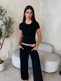 SS Button Top & Drawstring Wide Leg Pants