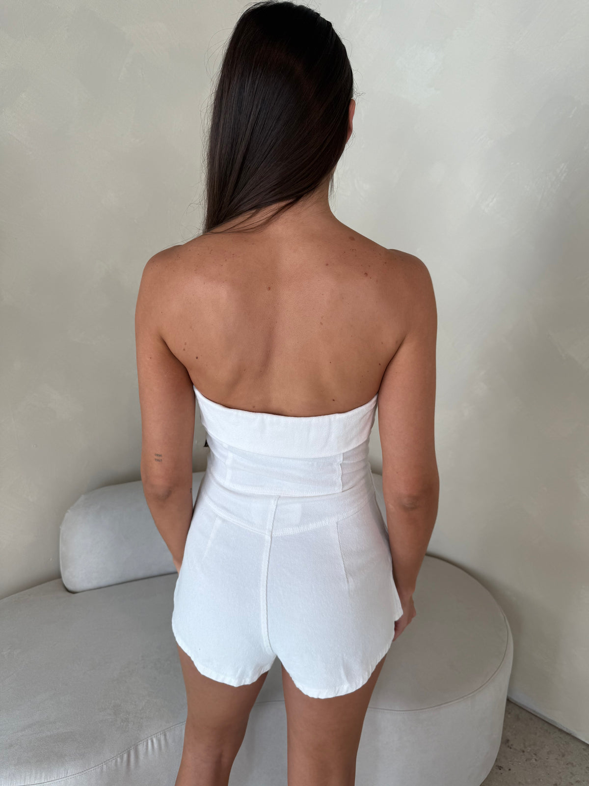 White Denim Strapless Romper
