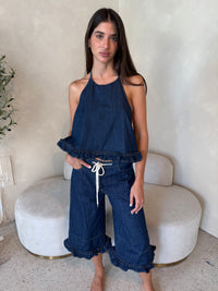 Dark Denim Ruffle Top & Pant Set