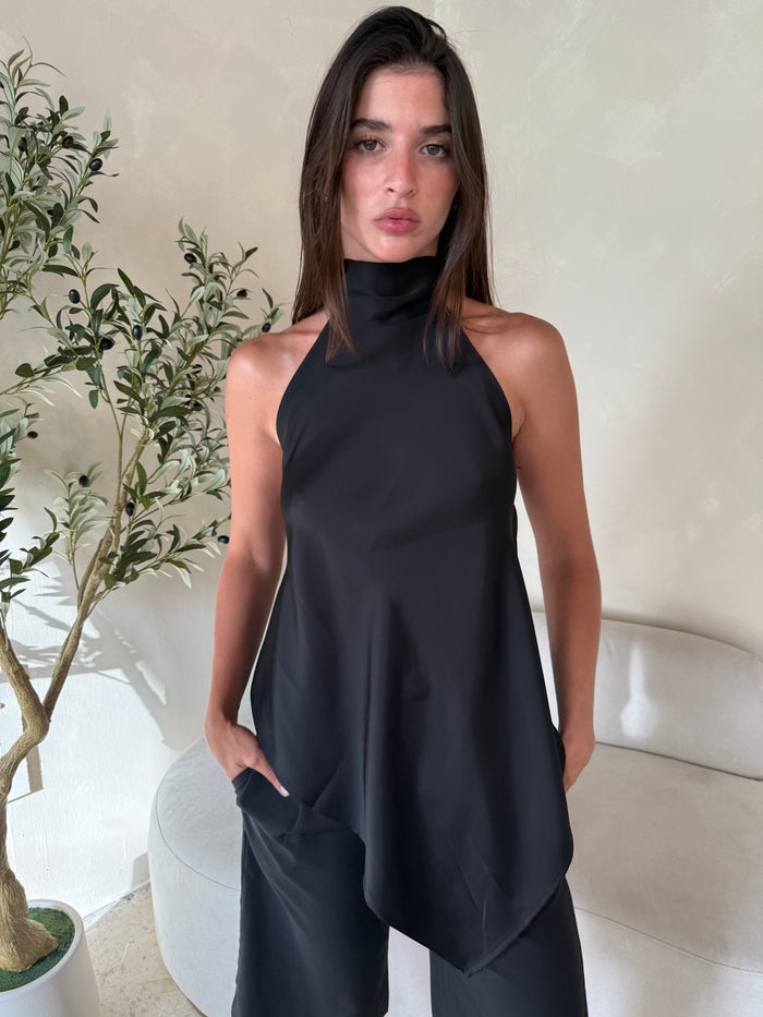 Hi Neck Black Satin Open Back Top