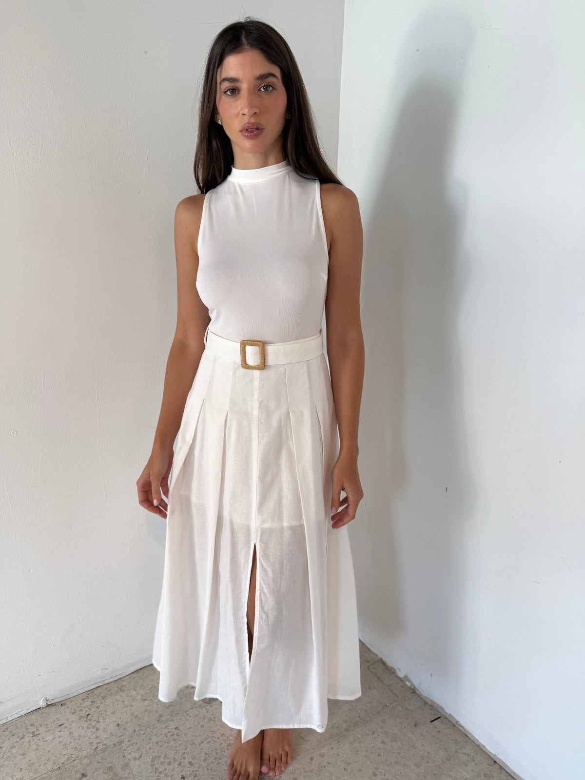 White Belted Midi Dress