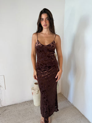 Brown Veltet Burnout Maxi Dress