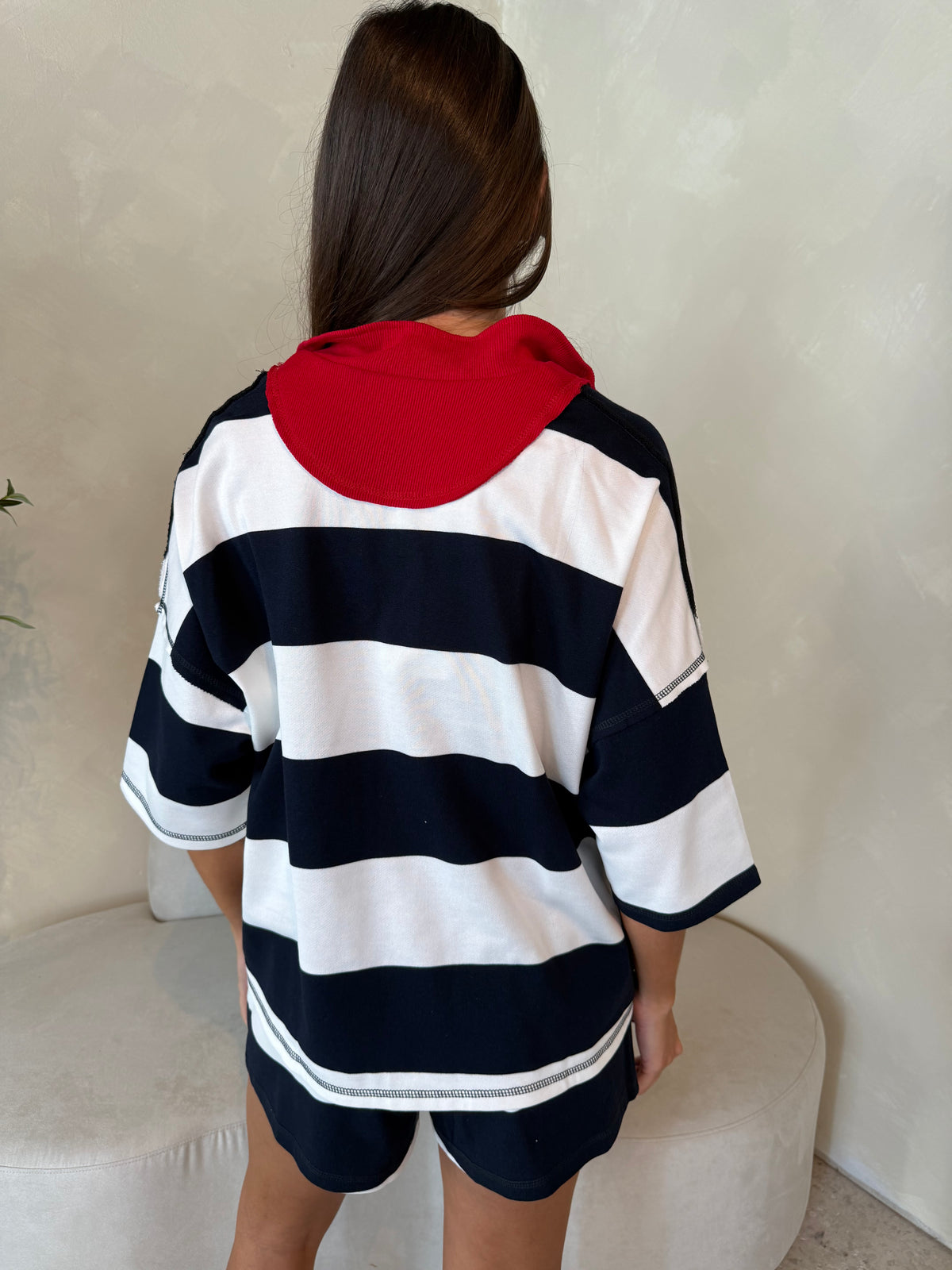 Navy Red Stripe SS Top & Short Set