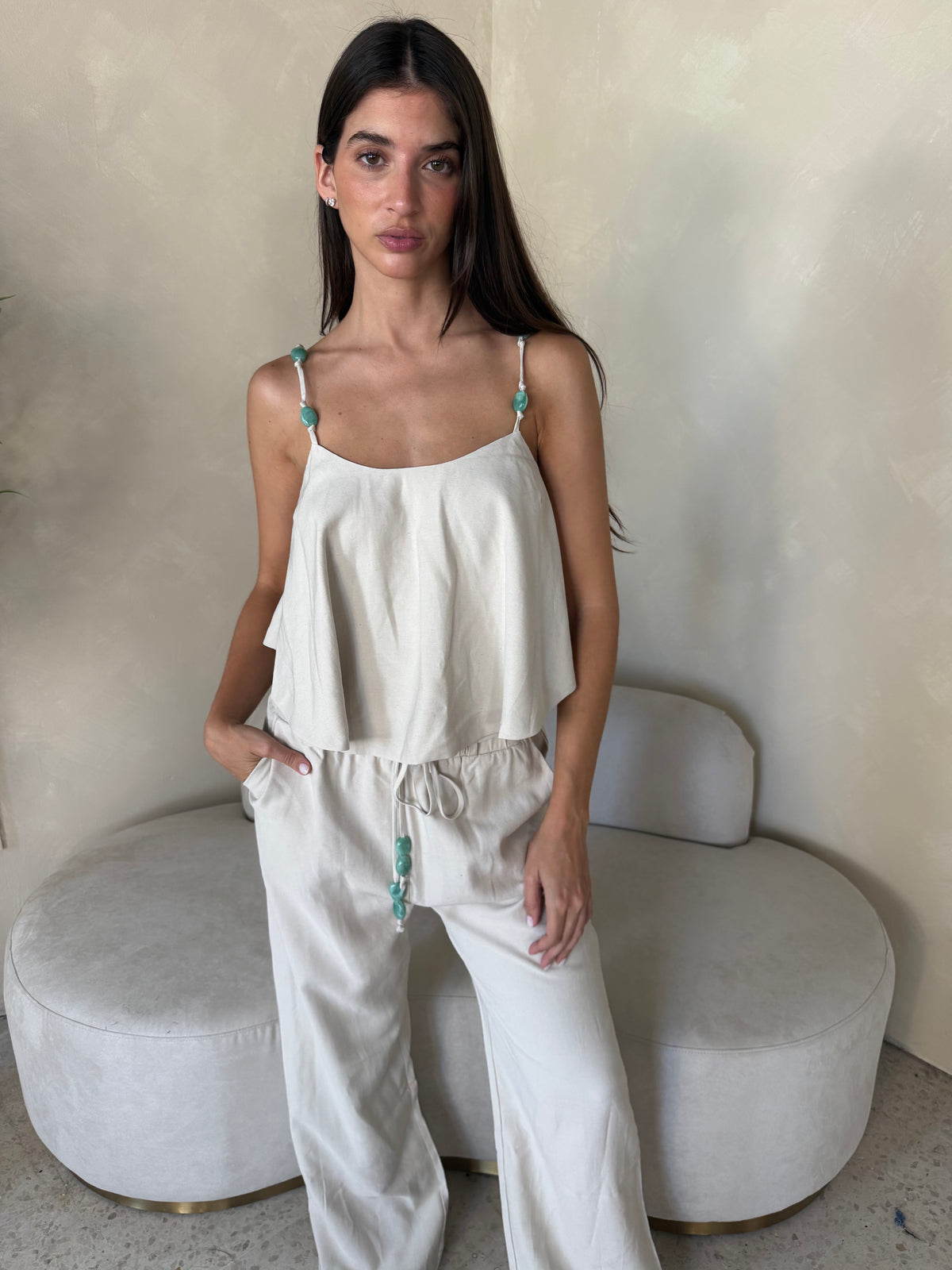 Beaded Beige Two Piece Set