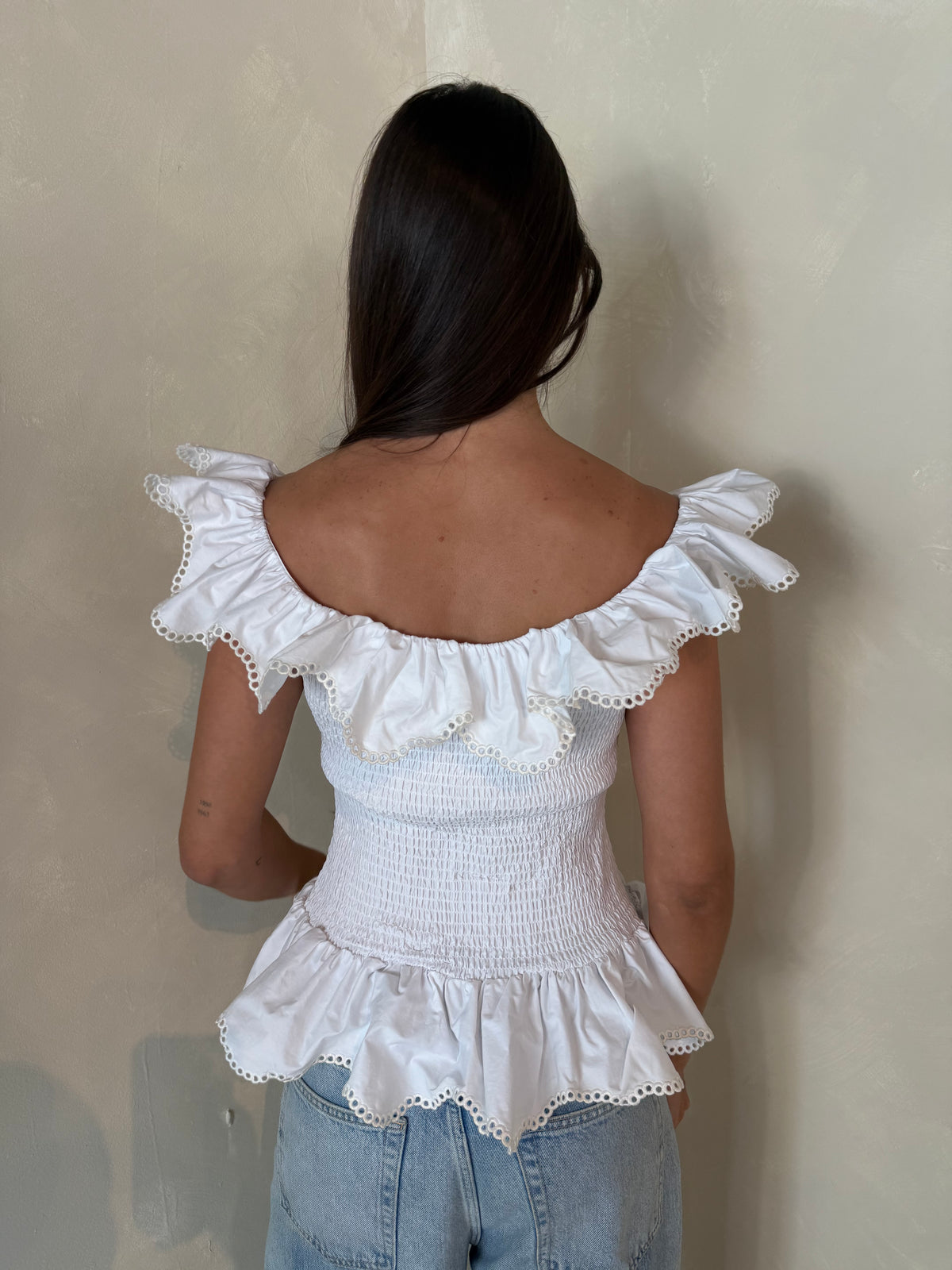 White Smocked Eyelet Top