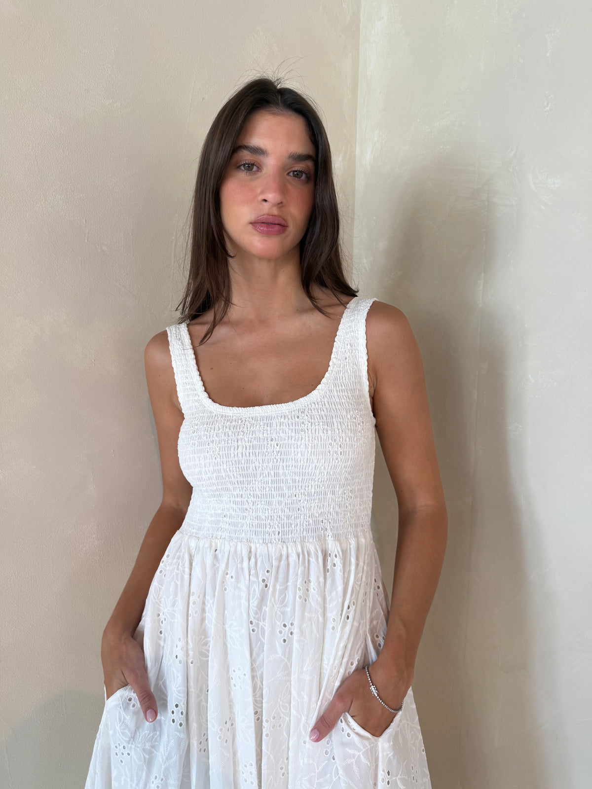 Eyelet Smocked Maxi Dress