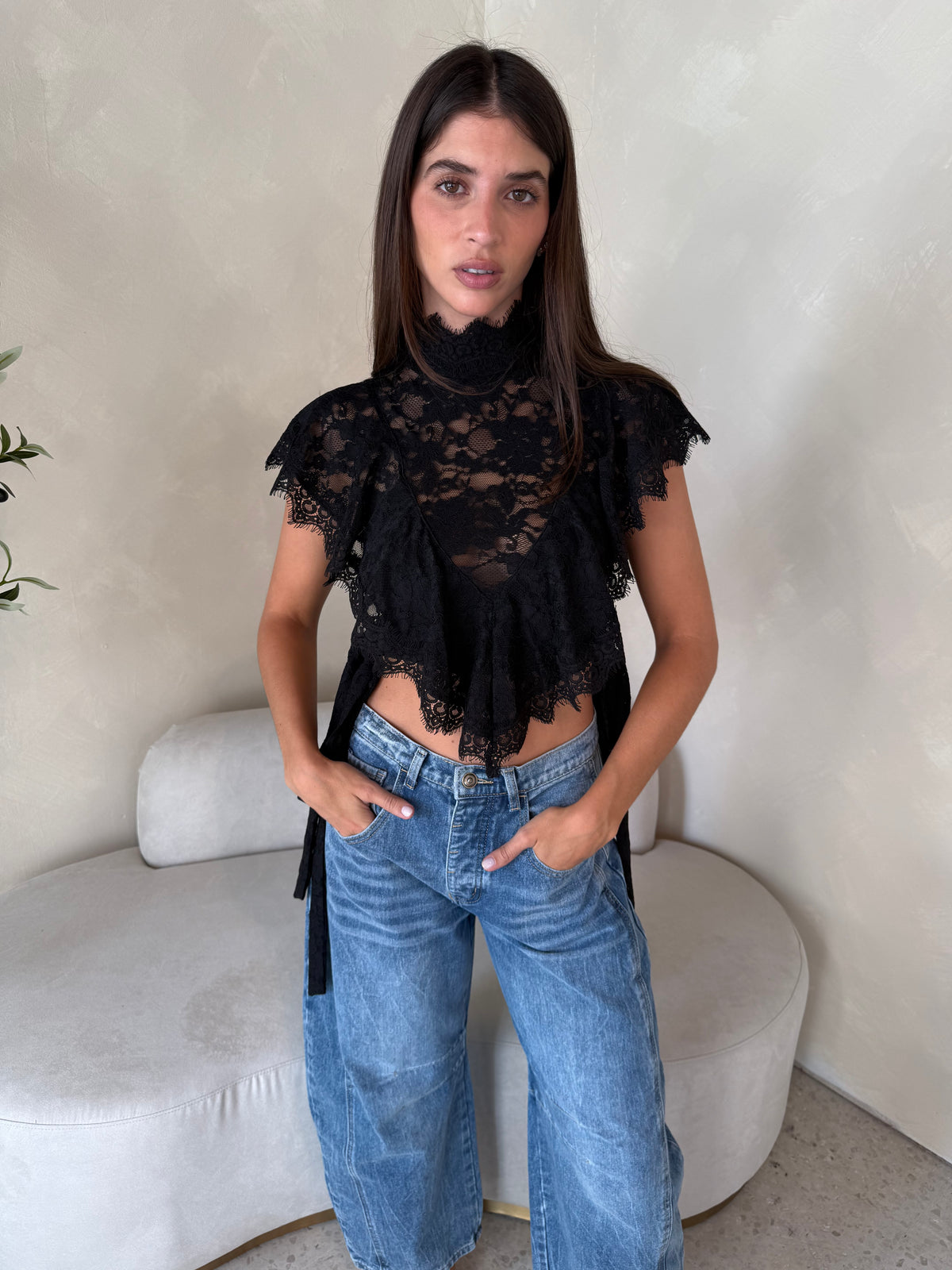 High Neck Ruffle Lace Top