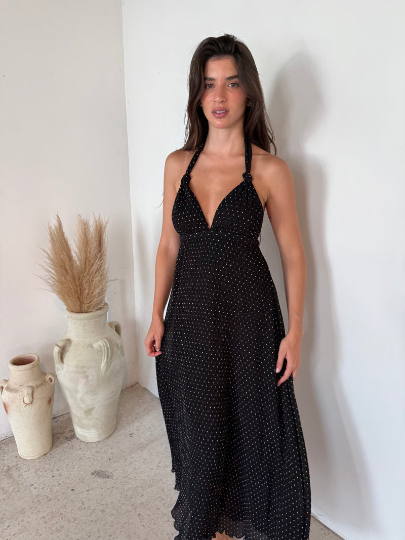 Polka Pleated Halter Dress