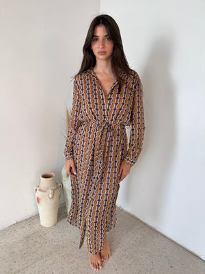 Printed Ochre LS Belted Dress