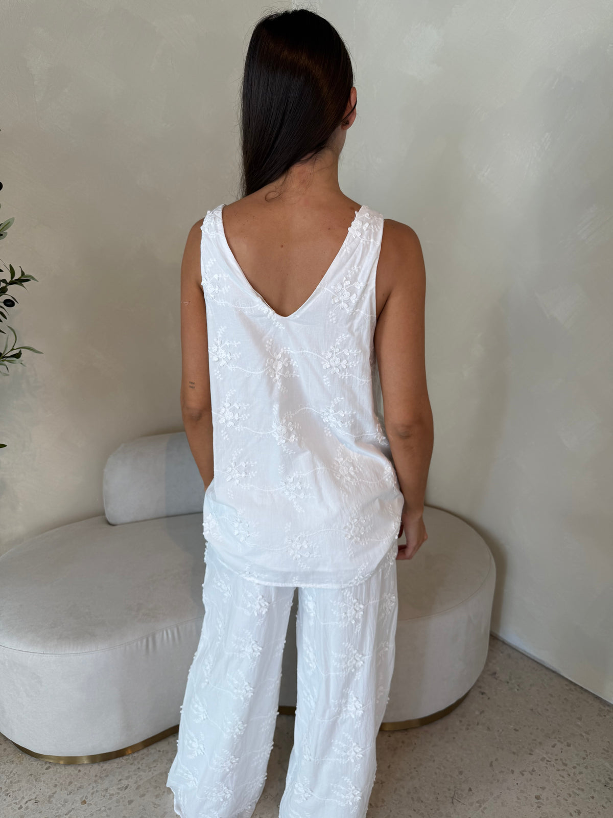 White Vneck Embroidered Top & Pant Set