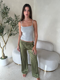 Olive Satin Elastic Pants