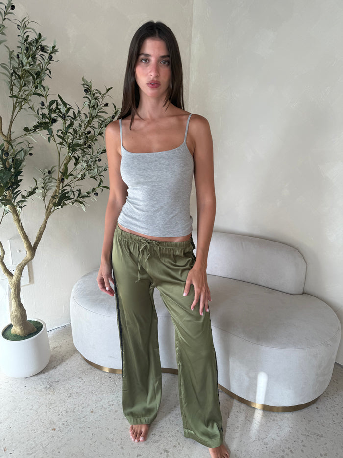 Olive Satin Elastic Pants