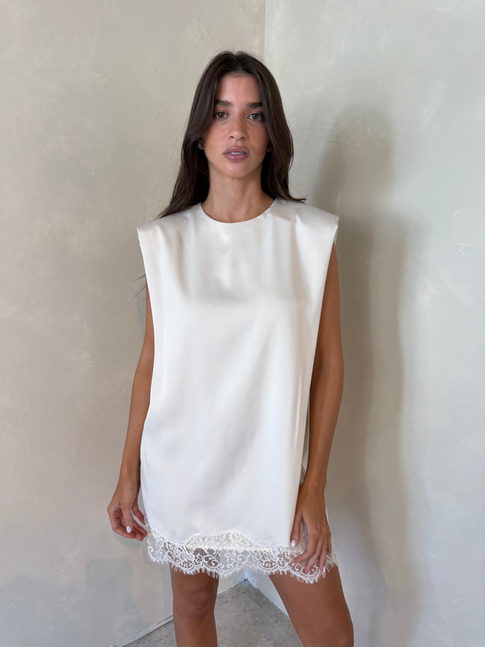 Shoulder Pad Lace Hem Dress