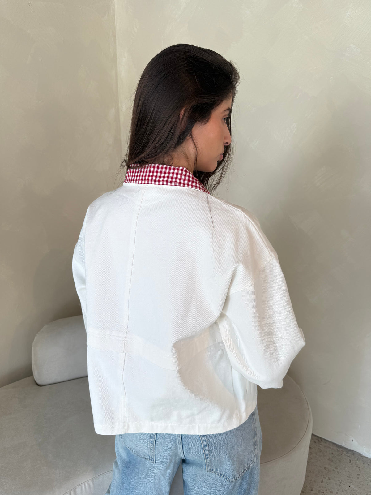 White Denim Jacket with Gingham Contrast