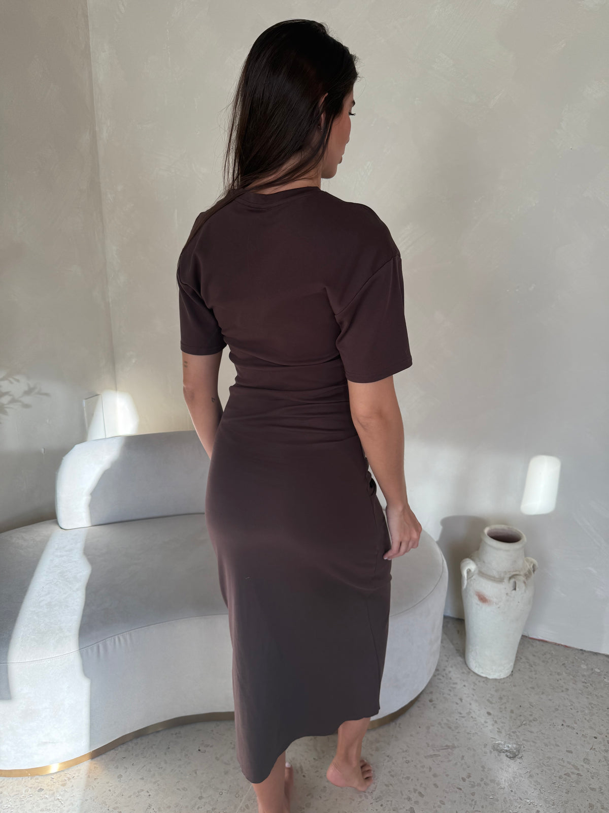 Choco Shirred Midi Dress