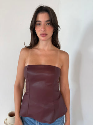Burgundy PU Strapless Top