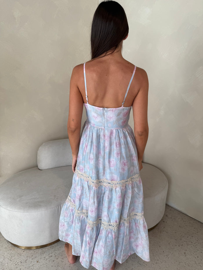 Blue Pink Lace Detail Maxi Dress