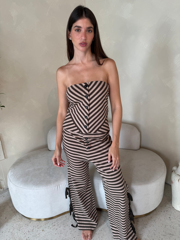 Mocha Stripe Lounge Strapless Top & Pant Set