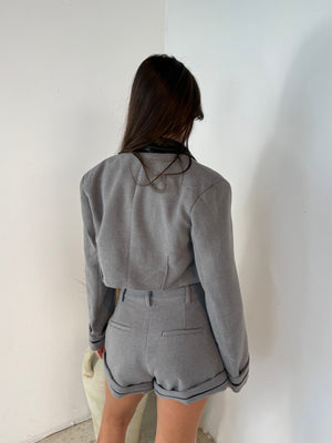 Cropped Blazer With Contrast Pu Leather Inserts
