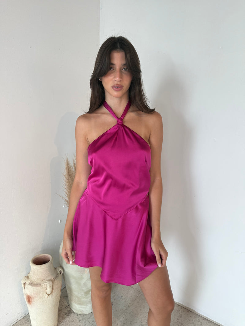 Fuchsia Satin Top & Skirt Set