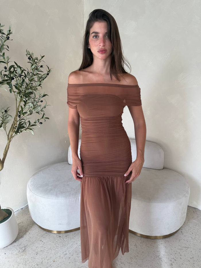 Mocha Draped Mesh Dress