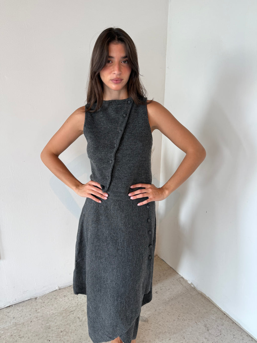 Charcoal Boat Neck Buttondown Top & Midi Skirt Set