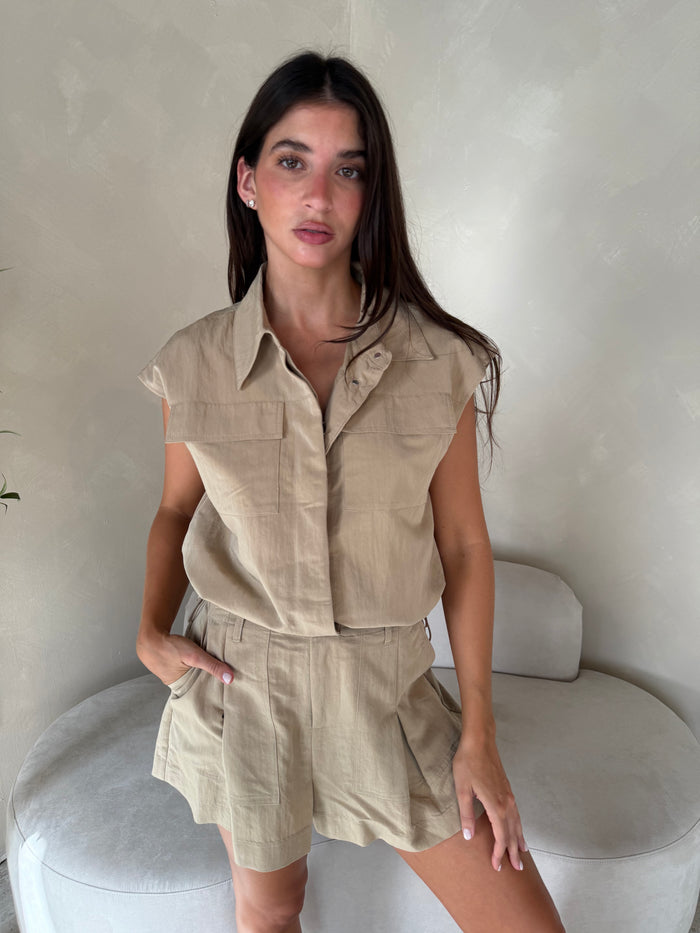 Taupe Front Pocket Vest & Skirt Set