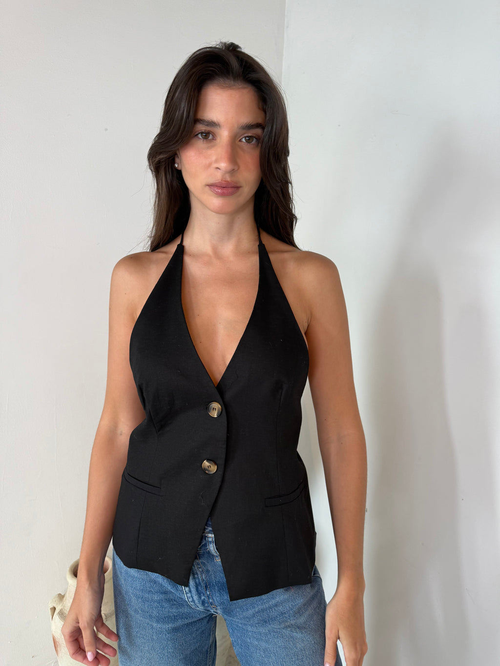 Black Halter Button Top