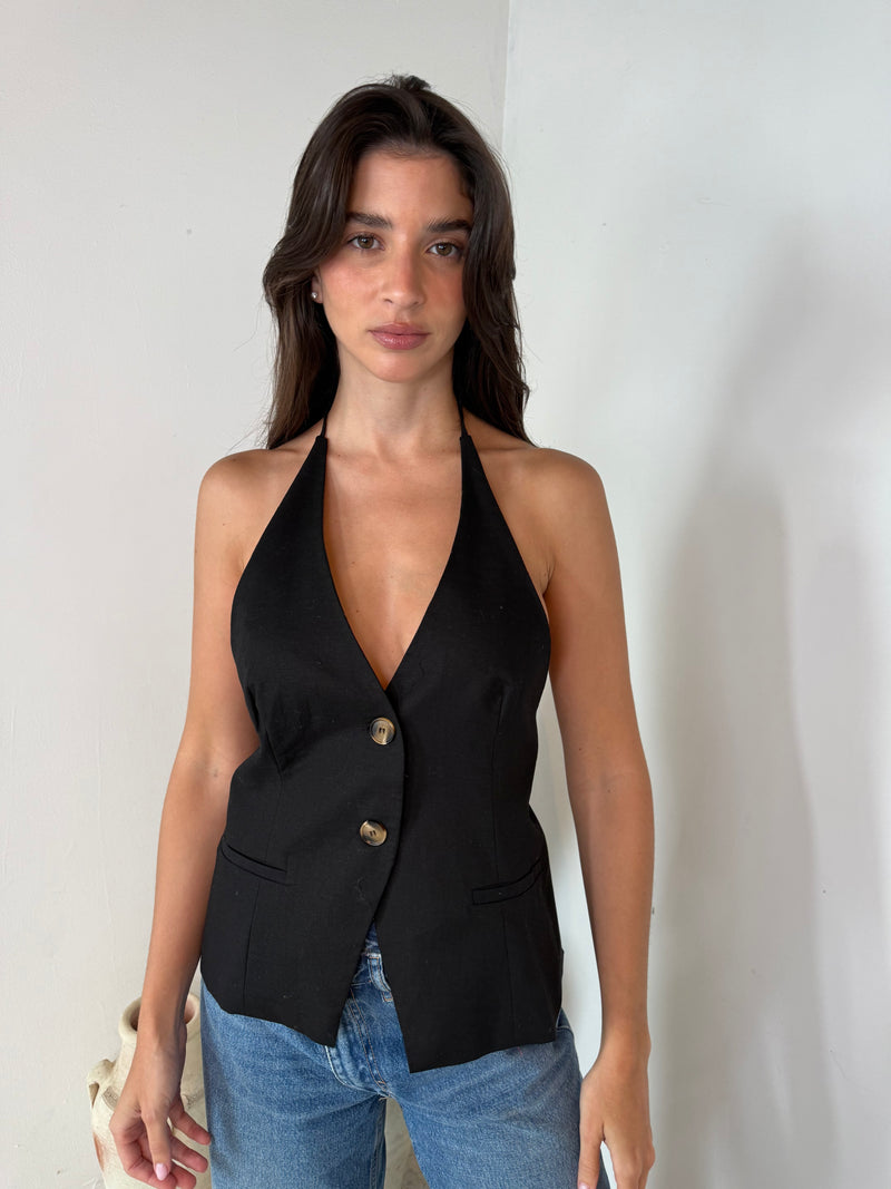 Black Halter Button Top