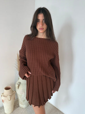 Brown LS Top & Skirt Set
