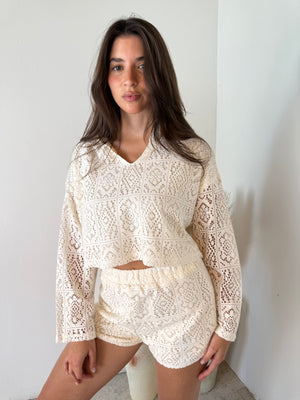Crochet Hoodie Top & Short Set