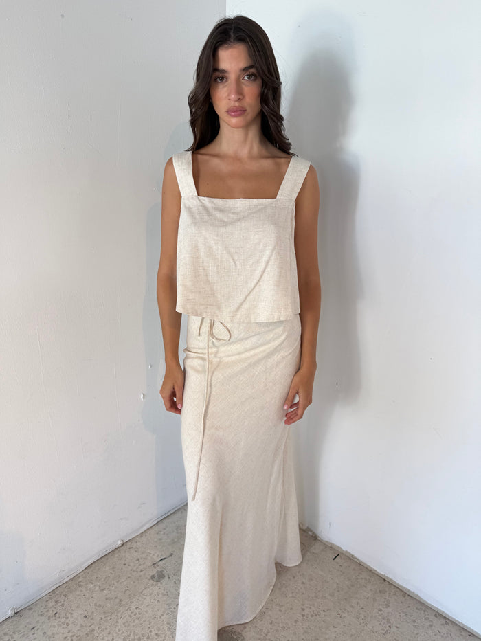 Linen Flare Crop Top And Bias Maxi Skirt