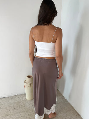 Lace Hem Satin Midi Skirt