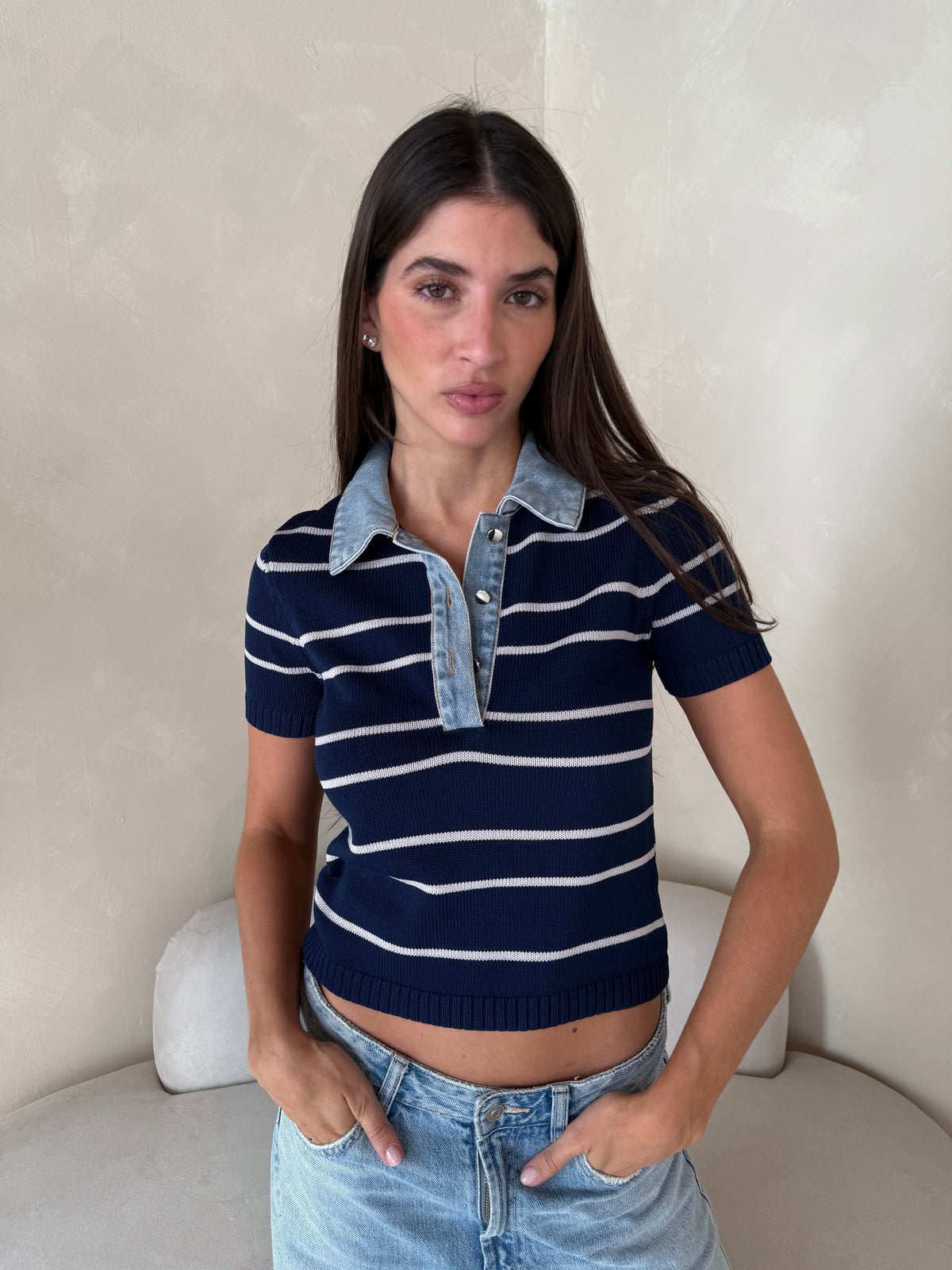 Denim Stripe Collar Top