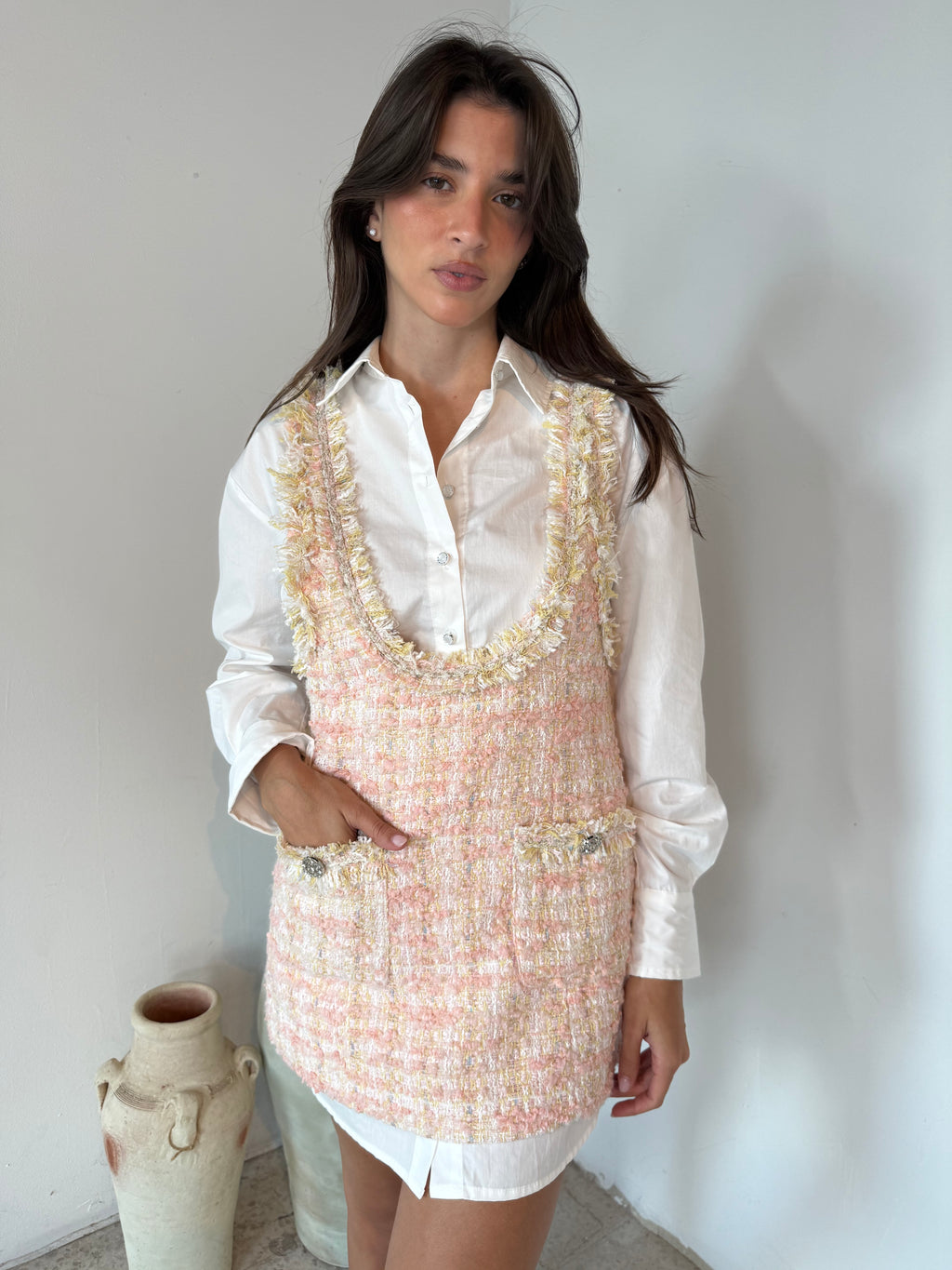 Tweed Mini Dress and Contrast LS Shirt Set