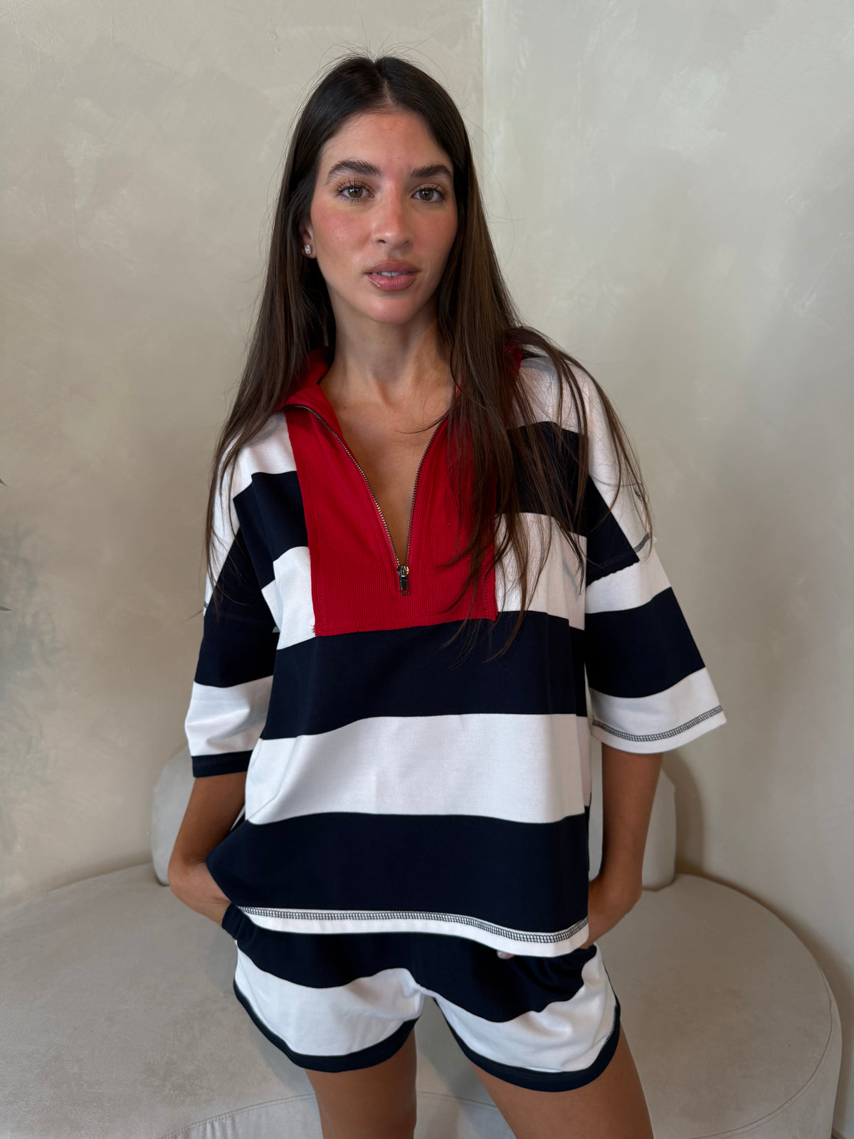 Navy Red Stripe SS Top & Short Set